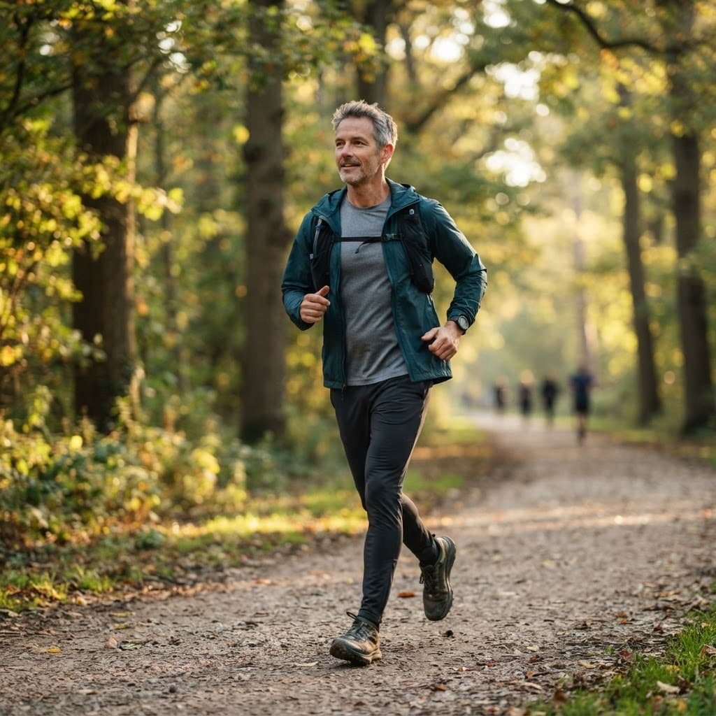 A man walking a tree-lined path with restored energy after quitting alcohol