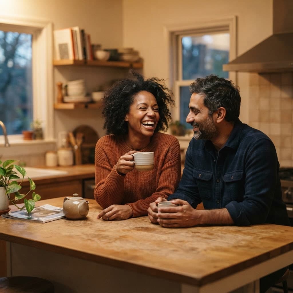 A man laughing with his wife over coffee, present for his marriage after retiring from alcohol