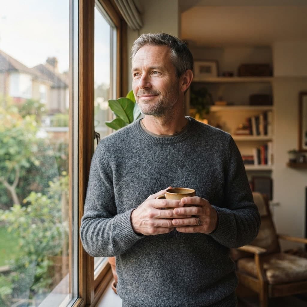 A man enjoying a clear-headed, alcohol-free morning with coffee by a sunlit window