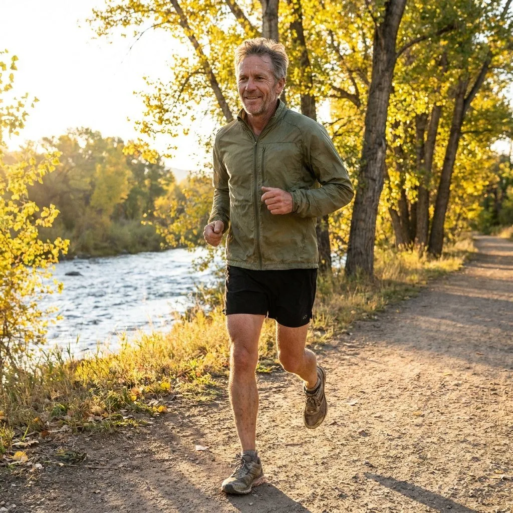 A fit man in his 50s running a riverside trail at sunrise with restored energy after retiring from alcohol
