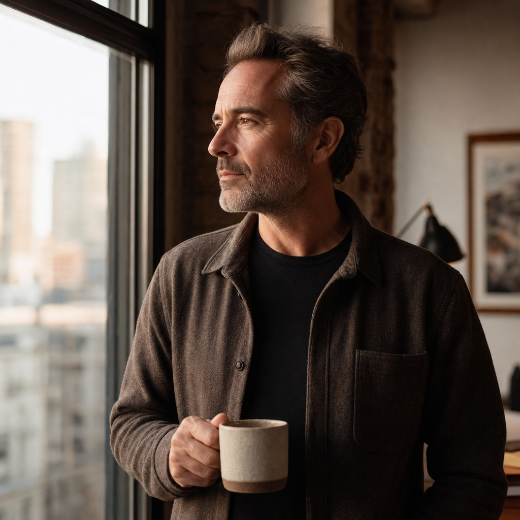 A composed professional standing in warm morning light with a cup of coffee