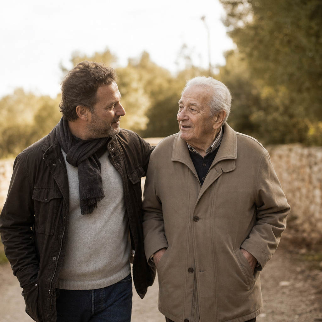 A man walking outdoors alongside his elderly father