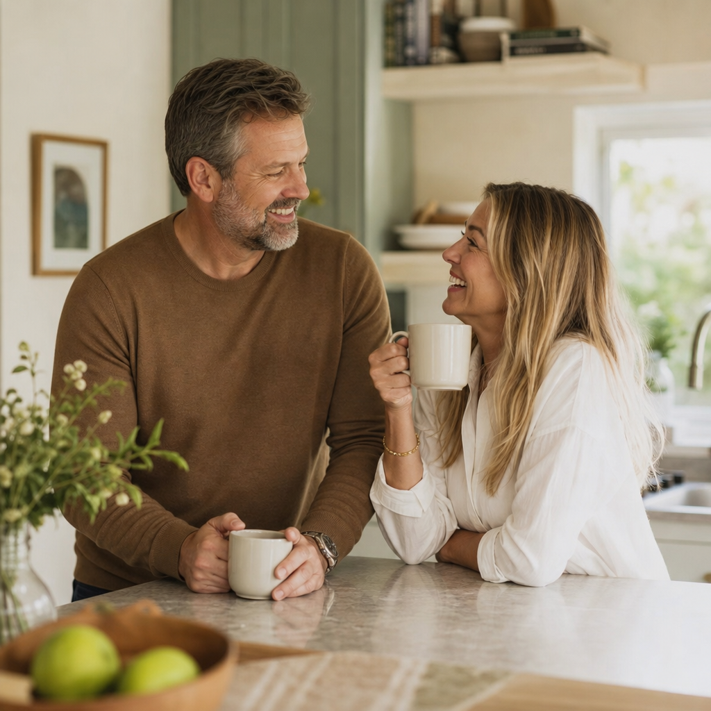 A man laughing with his wife over coffee in a sunlit kitchen